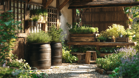 A rustic garden corner with composting bins and herbal plants, creating a peaceful space that blends sustainability with botanical wellness.
