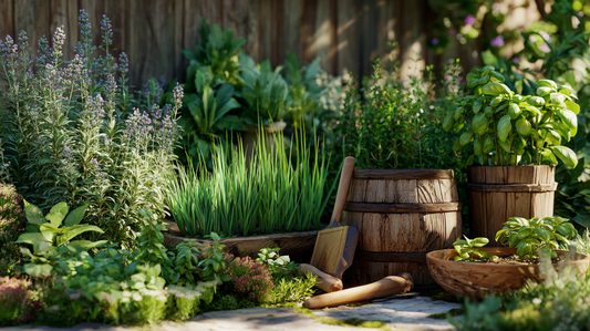 A rustic backyard herb garden with medicinal plants like basil and lavender growing alongside wooden pest control tools, creating a healthy and sustainable atmosphere.