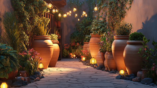 A beautifully lit garden pathway lined with large terracotta pots and soft outdoor lighting, creating a warm and inviting atmosphere for evening relaxation.