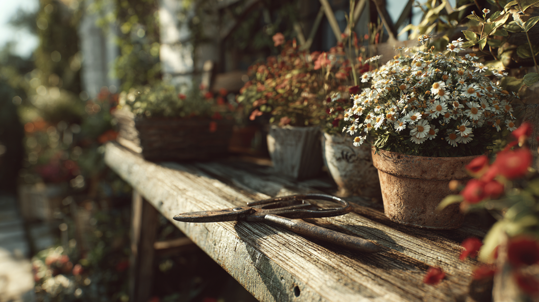 A rustic garden bench with pruning shears resting beside potted plants, symbolizing the connection between maintenance and beauty in the garden.