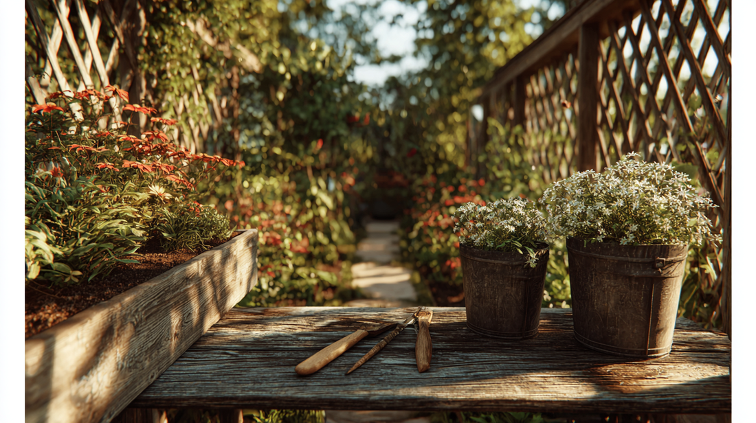 A wooden garden table with pruning tools and potted plants, set against a rustic garden trellis, symbolizing the connection between gardening tools and outdoor beauty.