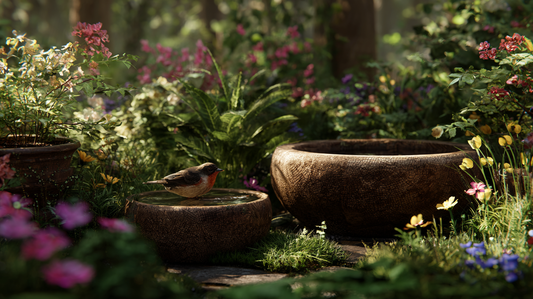 Birdbath surrounded by colorful flowers and greenery in a peaceful garden, with a bird perched in the water, enhancing the garden's natural beauty.