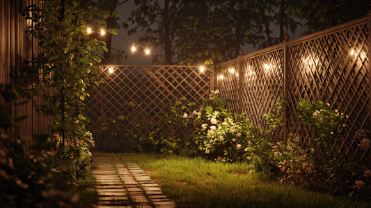 Garden path with warm outdoor string lights along a wooden trellis fence, highlighting the lush greenery and creating a welcoming nighttime ambiance.