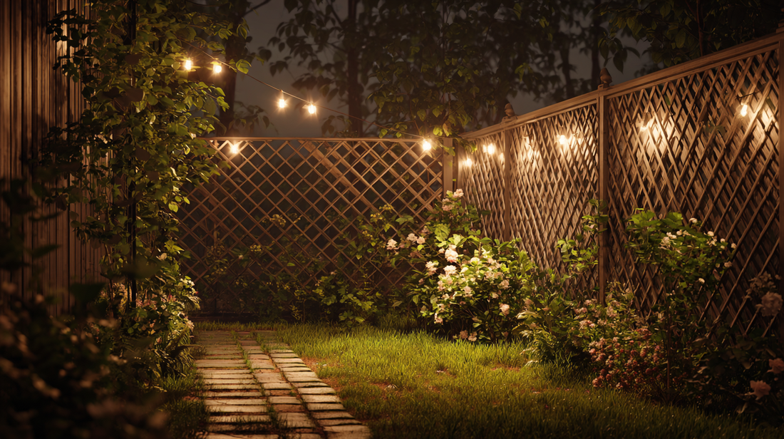 Garden path with warm outdoor string lights along a wooden trellis fence, highlighting the lush greenery and creating a welcoming nighttime ambiance.