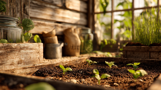 Indoor garden with freshly planted seedlings in soil, surrounded by gardening tools and supplies, creating a nurturing space for growth.
