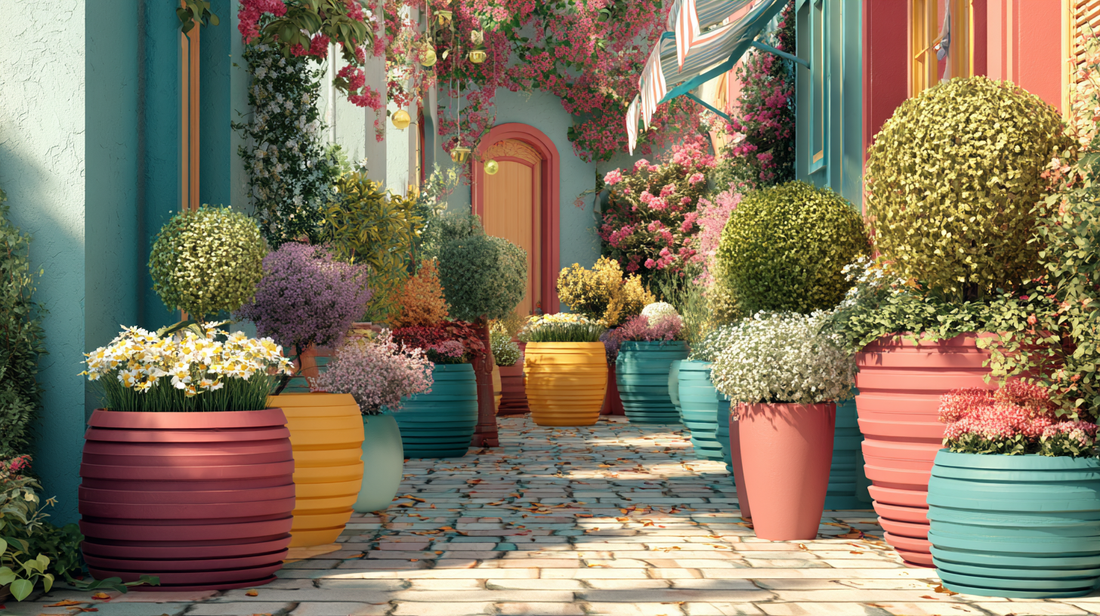 Colorful garden path with decorative plant pots, filled with vibrant flowers, creating a cheerful and inviting outdoor atmosphere.