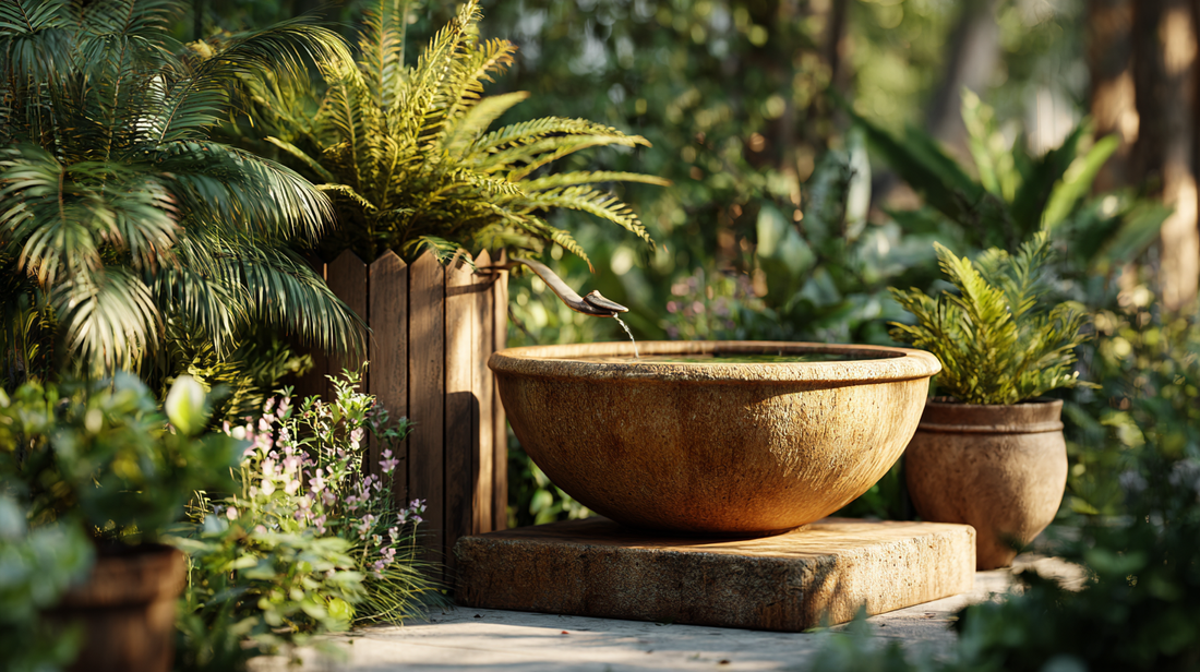 A rustic bird bath surrounded by vibrant plants, creating a serene and peaceful garden space.
