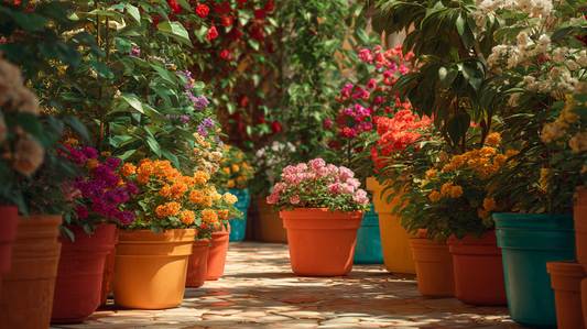 Colorful flower pots filled with blooming flowers along a garden path, creating a bright and inviting outdoor space.