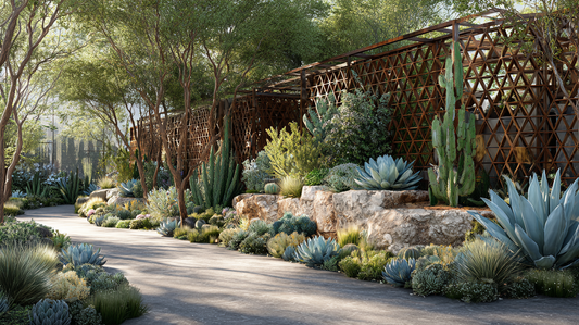 A modern outdoor garden with succulents and cacti arranged along decorative wooden trellises, creating a sustainable and stylish landscape design.