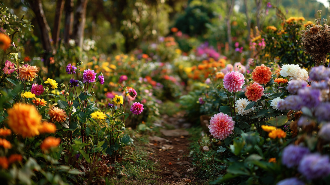 A vibrant outdoor garden pathway surrounded by colorful blooming flowers growing in rich organic soil, creating a lively and sustainable landscape.