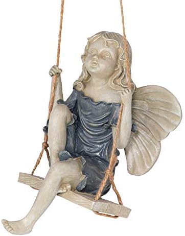 Design Toscano EU42046 Summertime Fairy on a Swing Hanging Statue, 11 Inch, Polyresin, Two Tone Stone