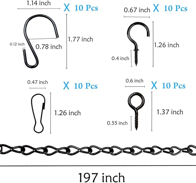 197 Inch Black Metal Hanging Chains and Hanging Basket Hooks Set for Bird Feeders, Birdbaths, Planters, Grow Lights, Lanterns, Wind Chime and Ornaments, Screw Eye Hooks, Chain Hooks DIY
