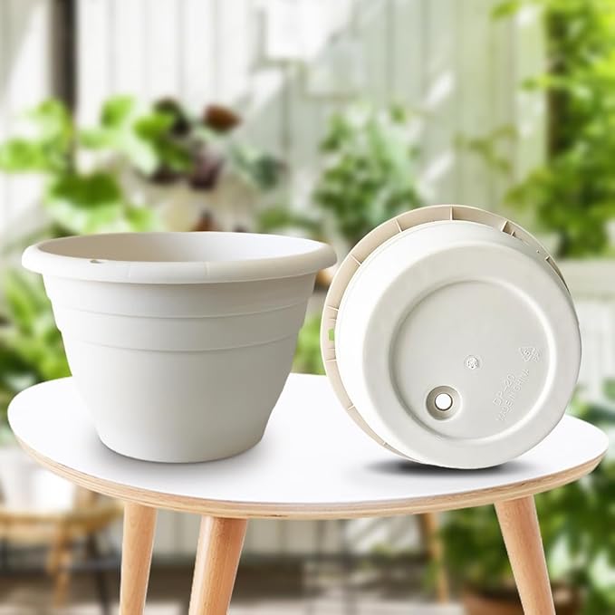 5-Pack 10 inch Garden Pots, Round Flower Pots with Drainage Holes, Thick Sturdy Traditional Plastic Planters Indoor and Outdoor(White)