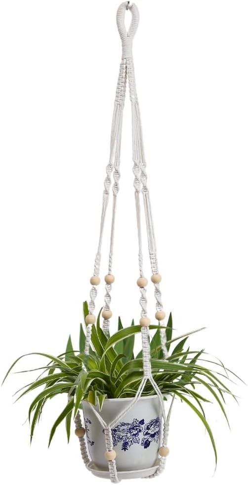 Macrame Plant Hanger, Hanging Planters for Indoor Plants Holder with Wood Beads, Hanging Plant Holder for Indoor Outdoor, Gifts for Plant Lovers, Boho Home Decor Plant Hanger, Ivory
