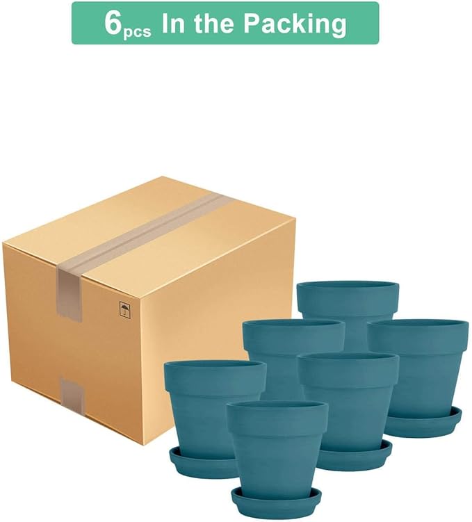 vensovo 4 Inch Small Steel Blue Terracotta Plant Pots with Saucer - 6 Pack Clay Flowerpots with Drainage, Great for Indoor Outdoor Plants, Crafts, Wedding Favor