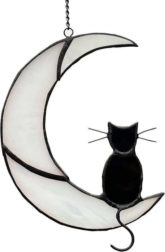 Black Cat Decor On White Moon Stained Glass Window Hanging Suncatcher for Windows Panels Sun Catcher Halloween Ornament Decoration Memorial Gift Cat for Lover Cat Loss