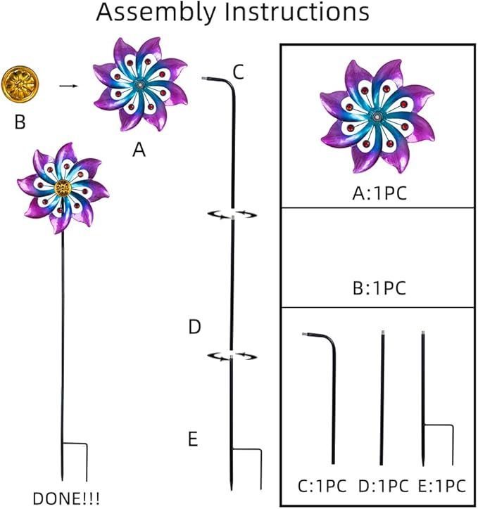DREAMYSOUL Wind Spinners Outdoor, 9.6" Dia*40" H Metal Garden Pinwheels, Kinetic Wind Spinners for Yard and Garden Lawn Art Decor (Purple)