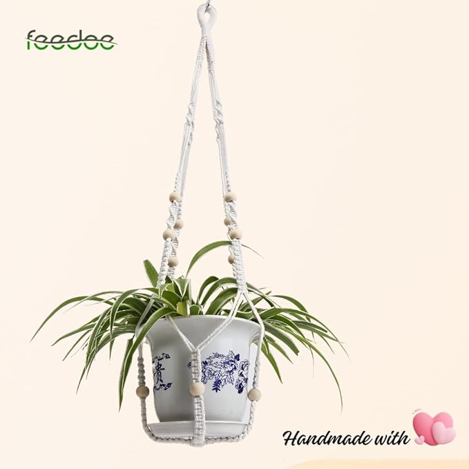 2 Pack Plant Hanger Indoor, Hanging Plant Holder, Macrame Plant Hangers, Handmade Boho Plant Hanger with Wood Beads, No Tassels Indoor Outdoor Flower Pots Holder, Home Décor Ivory (POTS NOT Included)