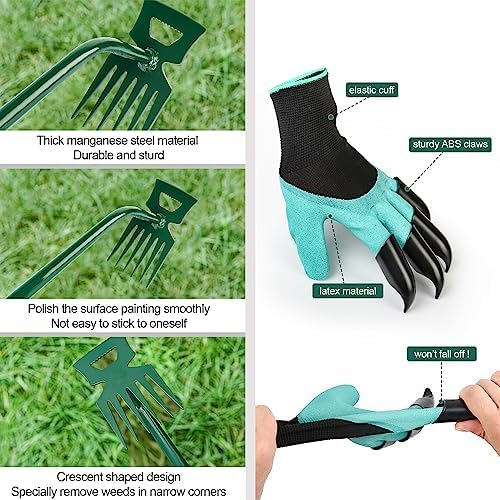 Weeding Artifact Uprooting Weeding Tool Claw Gloves Kit, 6 Teeth Dual Purpose Weed Puller, for Yard Farm Gardening Cultivating Loosening Weeding Mulching Planting Steel Hand Weeder