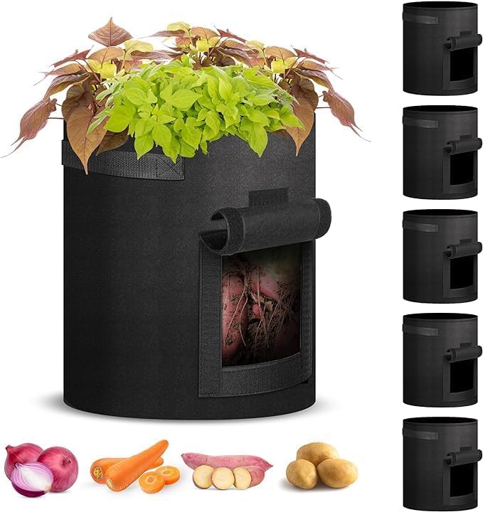 iPower 2-in-1 Garden Kneeler and Seat with 5 Pack 10 Gallon Potato Grow Bags, 2 Removable Tools Pouch and Soft Kneeling Pad, No Assembly, Portable Heavy Duty Garden Stool for Women Men Seniors