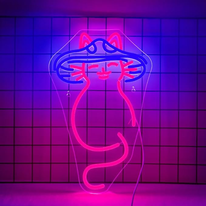 Mushroom Cat Neon Sign Cat Neon Signs for Wall Decor Dimmable Mushroom Cat Neon Lights LED Light Up Sign for Bedroom,Living Room,Bar,Party,Christmas,Birthday Art Gift