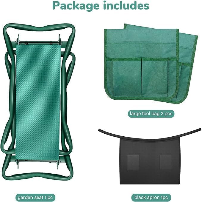 iPower 2-in-1 Garden Kneeler and Seat with 5 Pack 10 Gallon Potato Grow Bags, 2 Removable Tools Pouch and Soft Kneeling Pad, No Assembly, Portable Heavy Duty Garden Stool for Women Men Seniors