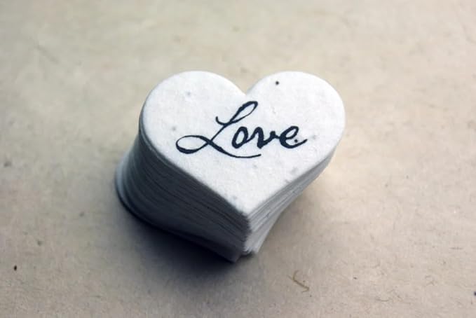 Of The Earth Handmade Paper - Wildflower Seed Paper Small Heart Tags - Calligraphy Variations - 1.75" X 1.5" - Set of 50 (Love)