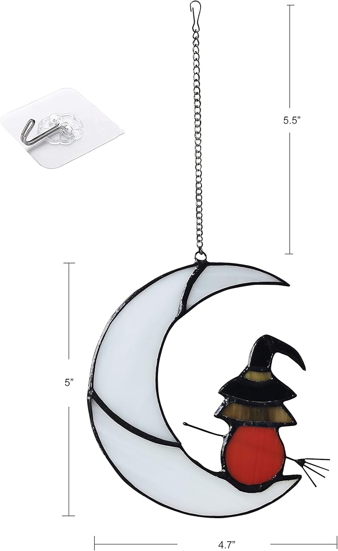 Witch On Moon Stained Glass Window Hanging Panel, Suncatcher for Windows, Witch Decor Riding Moon Face Sun Catcher Halloween Ornament.