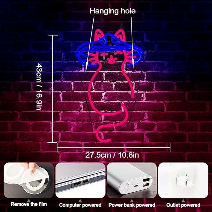 Mushroom Cat Neon Sign Cat Neon Signs for Wall Decor Dimmable Mushroom Cat Neon Lights LED Light Up Sign for Bedroom,Living Room,Bar,Party,Christmas,Birthday Art Gift