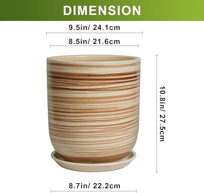 Ceramic Planter 10 Inch - Ceramic Pots for Indoor Plants Outdoor Large Plant Pot with Drainage Hole and Saucer Cylinder Flower Pot Yellow