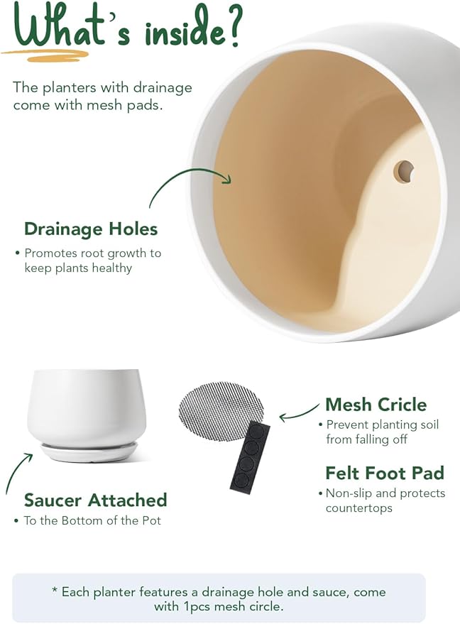 LE TAUCI Ceramic Planters, 12 Inch Pots for Plants, Indoor Plant Pots with Drainage Holes and Saucers, Modern Planters Fit Mid Century Plant Stand, Flower Pots for Indoor Plants, White