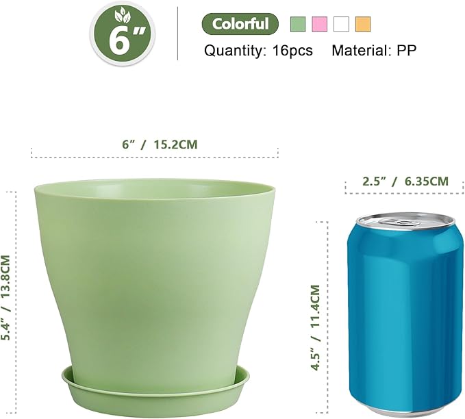 6 inch Plastic Nursery Pots, Seedling Pots, 16 Pack Plant Pots for Small Indoor Outdoor Plants, Flower Pots with Drainage Holes and Saucers, Decorative Planters for House Plants, Colorful