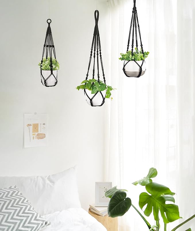 Mkono 3 Pack Macrame Plant Hangers Indoor Different Size Hanging Planter Basket Flower Pot Holder with Beads No Tassels 35"/29"/23", Medium, Black