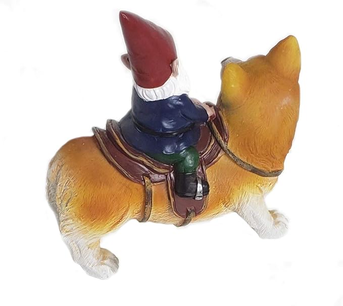 Funny Guy Mugs Garden Gnome Statue - Gnome Riding a Corgi - Indoor/Outdoor Garden Gnome Sculpture for Patio, Yard or Lawn