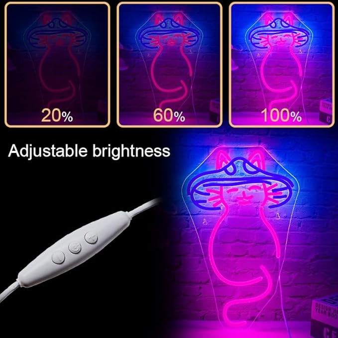 Mushroom Cat Neon Sign Cat Neon Signs for Wall Decor Dimmable Mushroom Cat Neon Lights LED Light Up Sign for Bedroom,Living Room,Bar,Party,Christmas,Birthday Art Gift