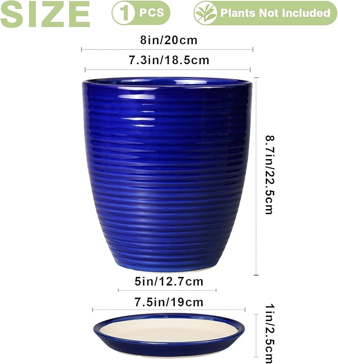 Ceramic Planter Pot - 8 Inch Plant Pot with Drainage Hole and Tray Round Planter Modern Flower Pot for Indoor Outdoor Plants Decorative Garden Pot Blue