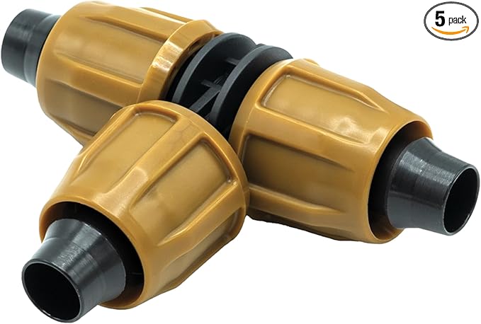 (5-Pack) 1/2" Universal Nut-Lock Tee Drip Irrigation Tubing Compression Fitting Connector (Fits All Tubing .530, 600 and .620 ID (16, 17, 18 mm) - (Tee 5-Pack)
