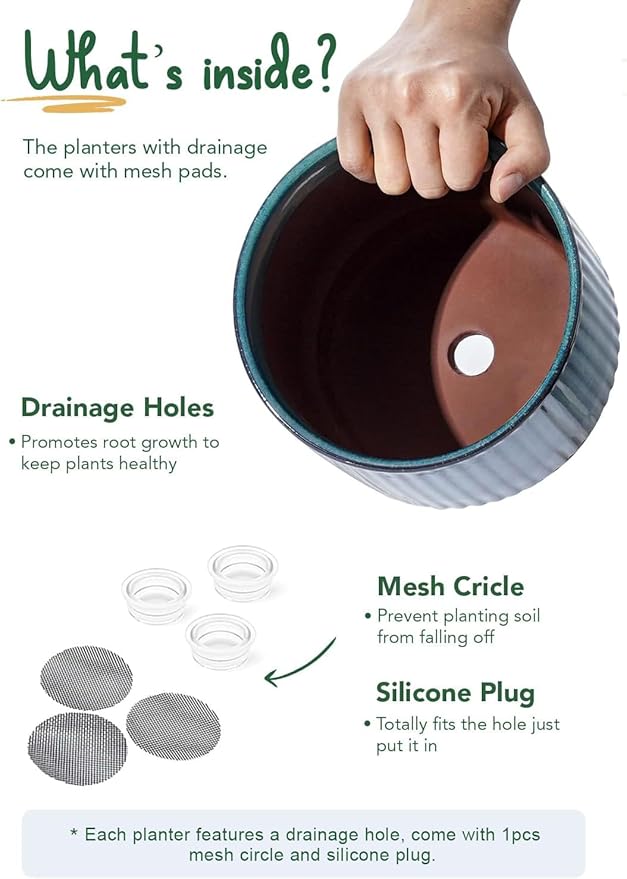 LE TAUCI Ceramic Plant Pots with Drainage Holes, Set of 3, 8+6.7+5.5 Inch Stripe Garden Planter Pots for Outdoor Indoor Plants Flower, Round Succulent Orchid Flower Pot Small to Large Size, Blue