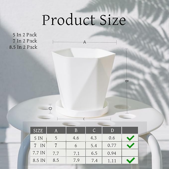 InmeRun Plant Pots Indoor Plastic Flower Pots Outdoor 5 inch Set of 6 Pack with Drainage Holes and Saucers for Garden Pots (5/7/8.5 in 6white)