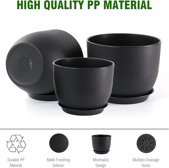 12/10/9 Large Modern Plant Pots, Plastic Planters with Drainage Holes and Saucers for Indoor Outdoor Plants Flowers, Black