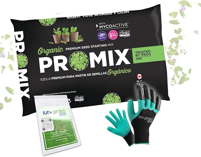 Promix Premier Horticulture Organic Pro Seed Starting Mix; 16 qt with My Garden Pool PH Soil Test Strips 20 ct, and Gardening Claw Gloves and Garden-IQ, Smart Gardening AI Assistant!