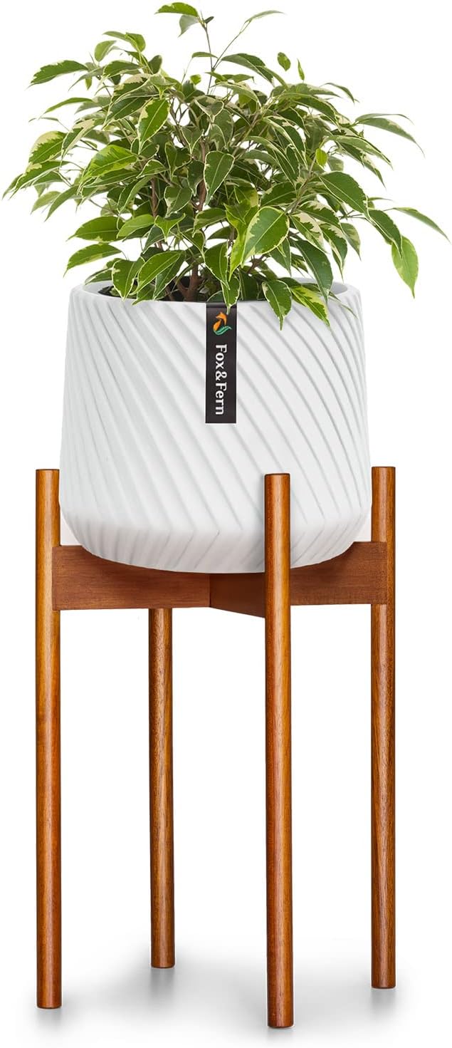 Fox & Fern Mid Century Tall Plant Stand — 10 Inch Fixed Size Raised Wooden Plant Stand for Indoor Planters; Modern Flower Pot Holder with Plug In Design; Easy to Assemble; Two Height Options - Acacia