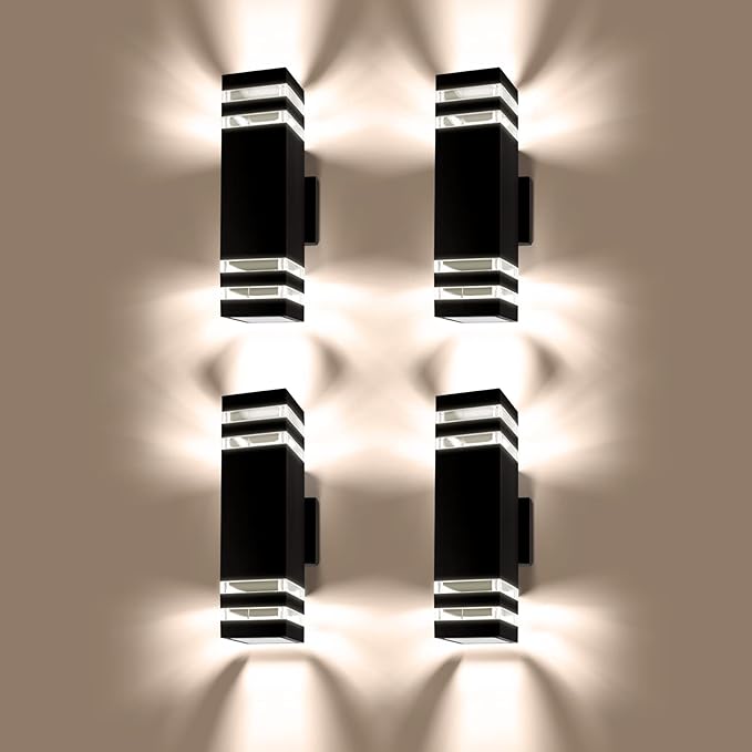 4 Pack LED Up Down Porch Wall Light, Modern Dusk to Dawn Outdoor Lighting, Aluminum IP65 Waterproof Exterior Light Fixture, Square Wall Light Sconce for Patio House
