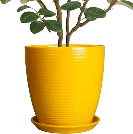 10 Inch Plant Pot - Ceramic Pot for Plants Outdoor Planter for Indoor Plants Large Plant Pot with Drainage Hole and Saucer Round Flower Pot for Home Patio Office Yellow