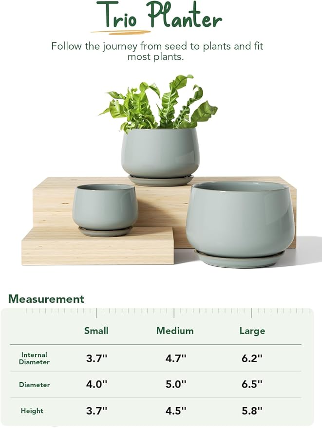 LE TAUCI Plant Pots for Indoor Plants, 4.1+5.1+6.5 inch, Set of 3, Ceramic Planters with Drainage Hole and Saucer, Indoor Flower Pot with Hole Mesh Pad, Gifts for Mom, Reactive Glaze Blue Gray