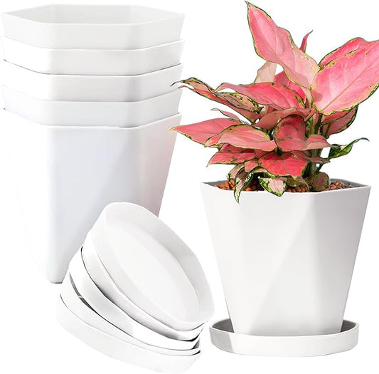 InmeRun Plant Pots Indoor Plastic Flower Pots Outdoor 5 inch Set of 6 Pack with Drainage Holes and Saucers for Garden Pots (7 inch 6white)