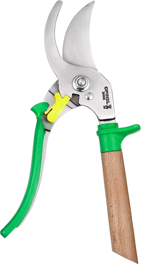 Opinel Hand Pruning Shears with non-slip beech wood handle perfect for bypass trimmers, garden, hedge, lawn clippers or hand scissors with stainless steel blade (Green)