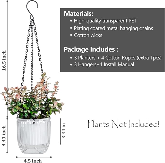4.5 Inch 2 Pcs Self Watering Hanging Planter Indoor Plant Pots Drainage Holes, Outdoor Small Hanging Planters Flower Pot Basket, Visible Water Level, Plant Hanger Home Decor, Gardening