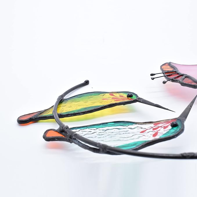 Lolitarcrafts Hummingbird with Flower Stained Glass Suncatcher Bird Stained Glass Window Hangings Hummingbird Gift for Home Decor (Green 1 Pair)