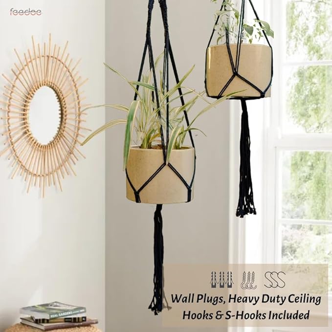 Macrame Plant Hangers - 6 Pack, Black, Indoor/Outdoor, Cotton
